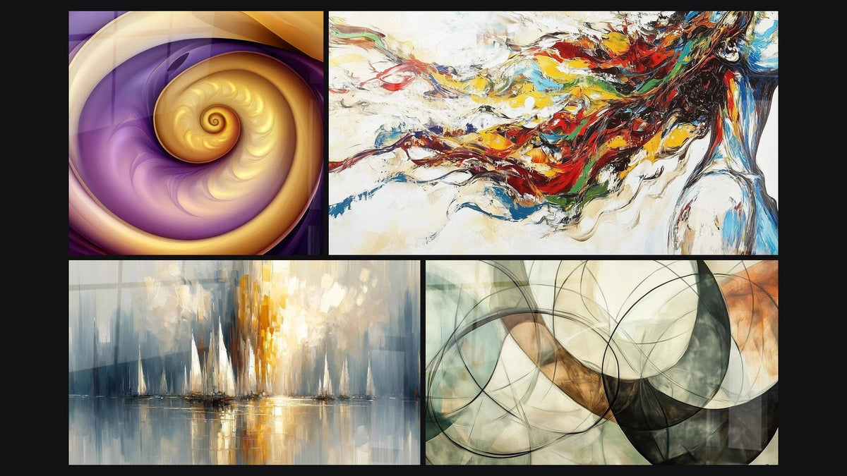 Mosaic of four paintings, including Golden Purple Spiral, Dawn Over the Bay and Modern Muse