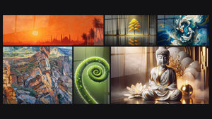 Mosaic of six paintings, including Istanbul Sunset, Rocky canyon and Eternal Tranquility
