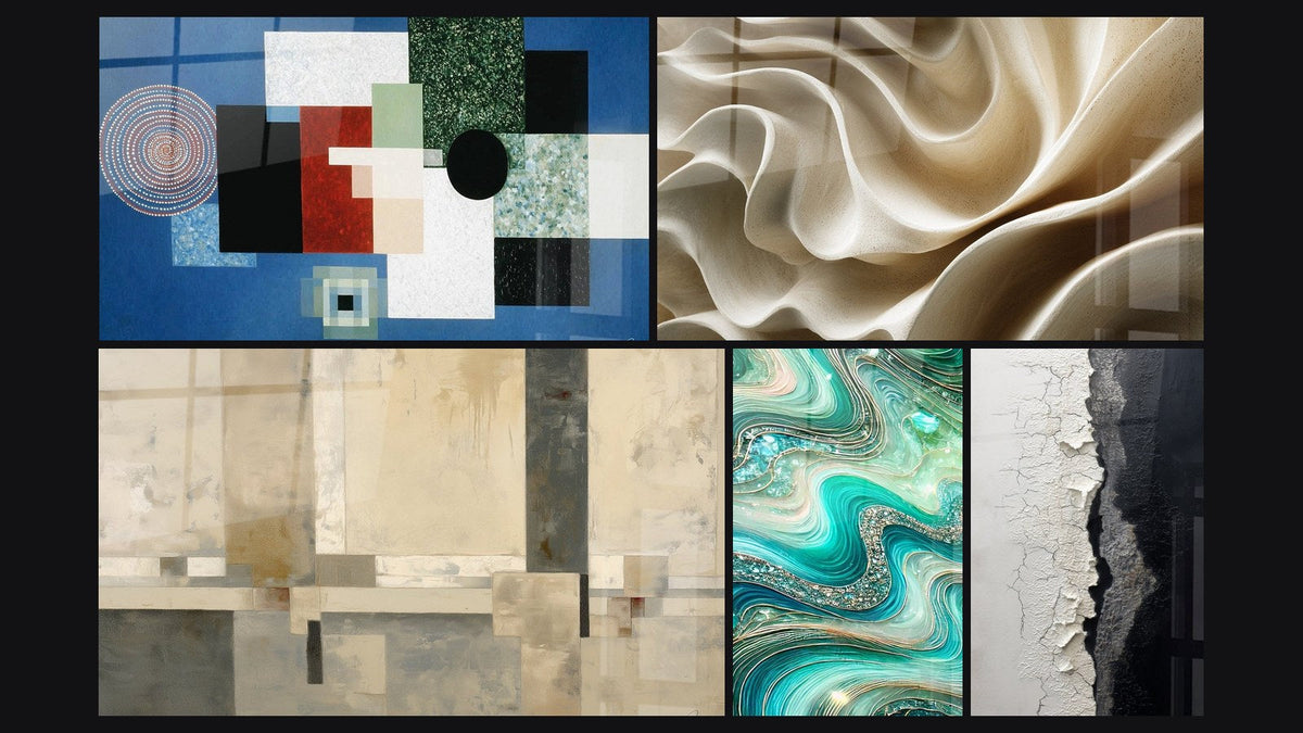 Mosaic of five paintings, including Beige and Gray Geometric Composition and Crystalline Waves