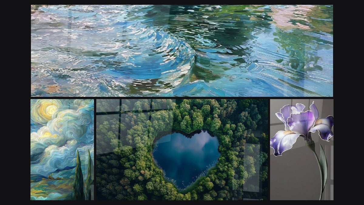 Mosaik aus vier Gemälden, darunter Wasserreflexionen, Zypressen unter sternenklarem Himmel und Tafelsee Nr. 1