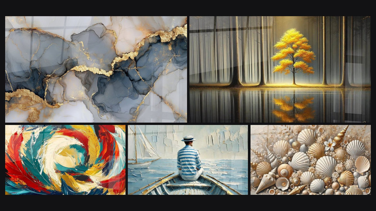 Mosaico di cinque quadri, tra cui Venature dorate su sfumature blu e grigie, Metamorfosi Cosmica e L'Arte dell'Acqua