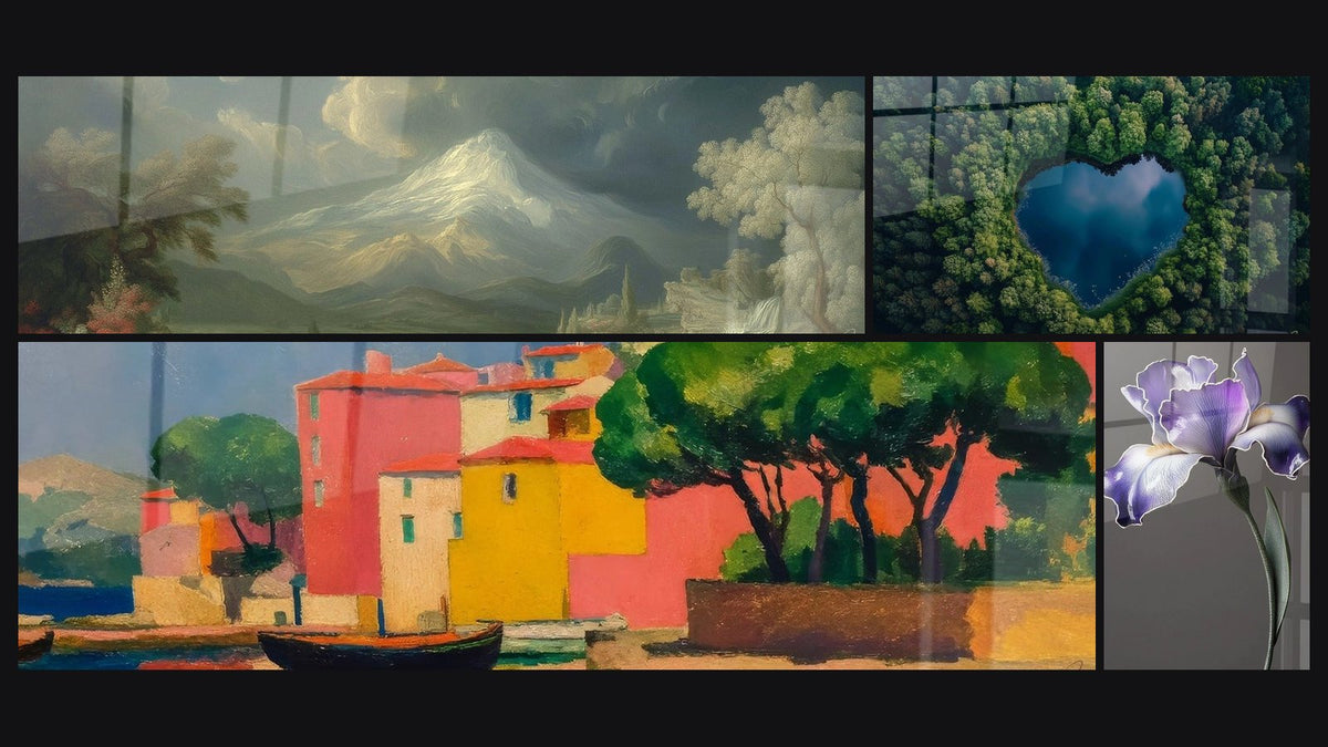 Mosaic of four paintings, including Volcanic Mountain, Colorful Mediterranean port and Iris Wall Art No. 9