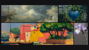 Mosaic of four paintings, including Volcanic Mountain, Colorful Mediterranean port and Iris Wall Art No. 9
