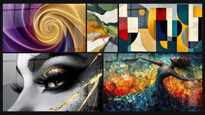 Mosaïque de cinq tableaux, dont Spirale dorée et violette, Formes géométriques colorées et Œil larme d'or