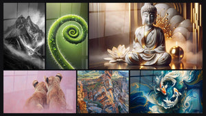Mosaic of six paintings, including Majestic Mountain, Rocky canyon and Spiral of Life