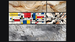 Mosaico de cinco cuadros, entre ellos Composición geométrica y Textura Abstracta Gris y Plateado Mineral