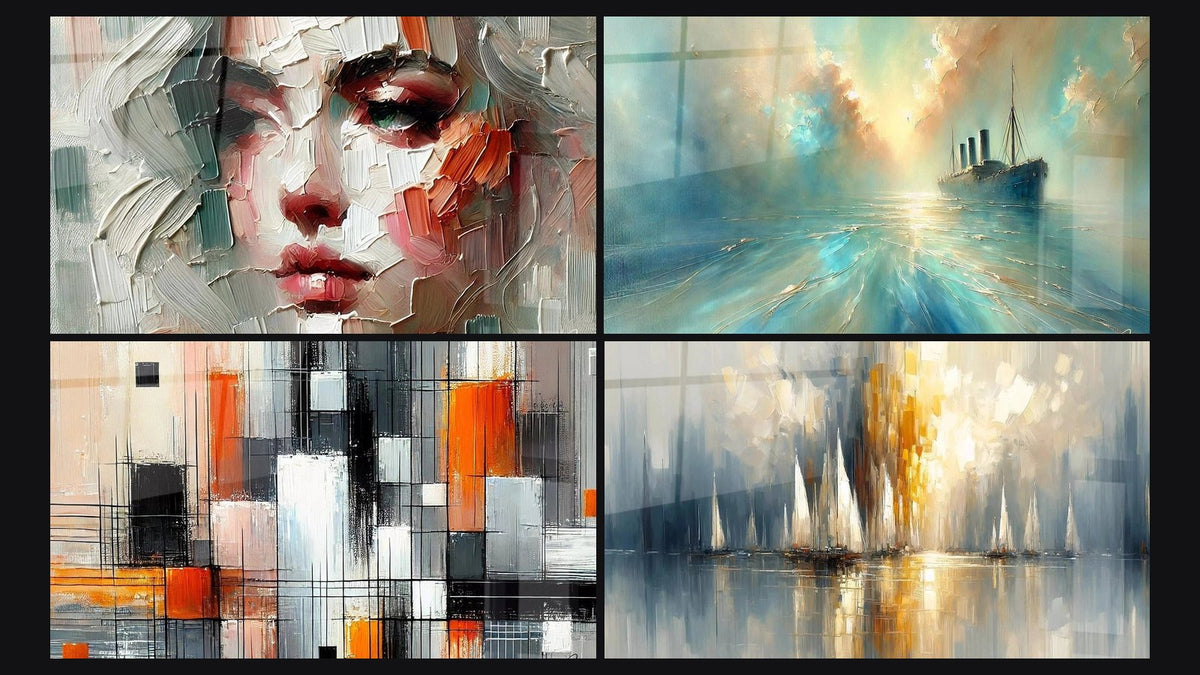 Mosaico di quattro quadri, tra cui Nel Cuore della Brezza, Meccanica dei Colori e Alba sulla Baia