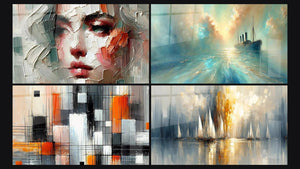 Mosaïque de quatre tableaux, dont A fleur de peau, Au Cœur de la Brise et Mécanique des couleurs