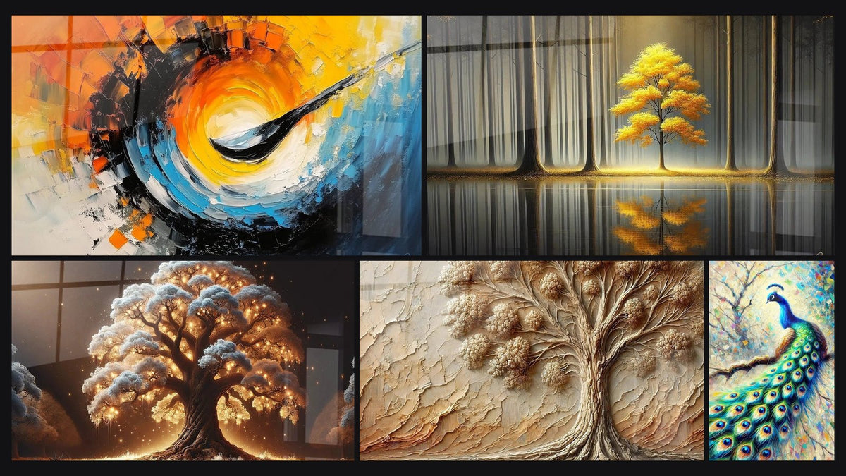 Mosaïque de cinq tableaux, dont Spirale cosmique dynamique, Arbre de Nuit et Arbre d'Antan