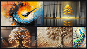 Mosaïque de cinq tableaux, dont Spirale cosmique dynamique, Arbre de Nuit et Arbre d'Antan
