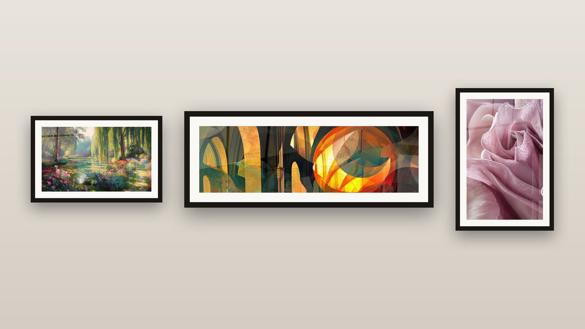 Gallery wall with three framed paintings, including Pond with Water Lilies and Weeping Willows