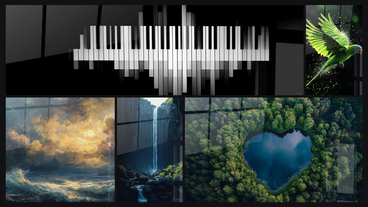 Mosaic of five paintings, including Black and White Music Piano Keys Stretched, Ocean Storm and Parrot Wall Art N°2
