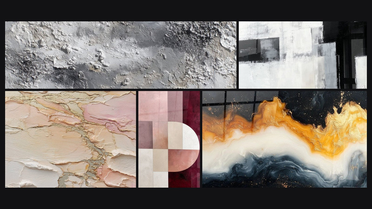 Mosaico de cinco cuadros, entre ellos Textura Abstracta Gris y Plateado Mineral y Abstracto texturizado beige rosa dorado