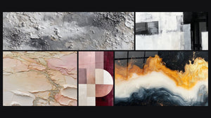 Mosaic of five paintings, including Gray and Silvered Mineral Abstract Texture and Abstract textured blush gold beige