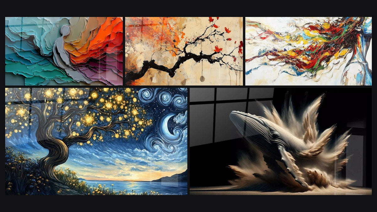 Mosaico de cinco cuadros, entre ellos Capas geológicas de colores, Terracota N°4 y La ballena de Elise