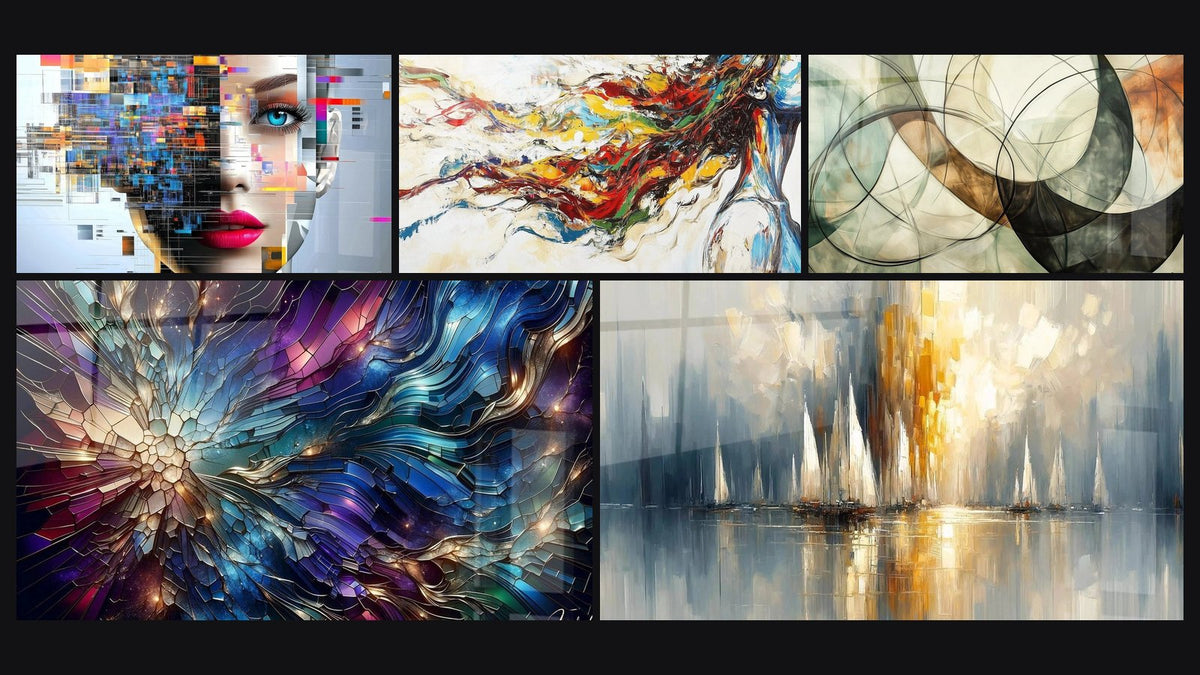 Mosaico di cinque quadri, tra cui Donna digitale frammentata, Bagliori di Vetrate e Alba sulla Baia