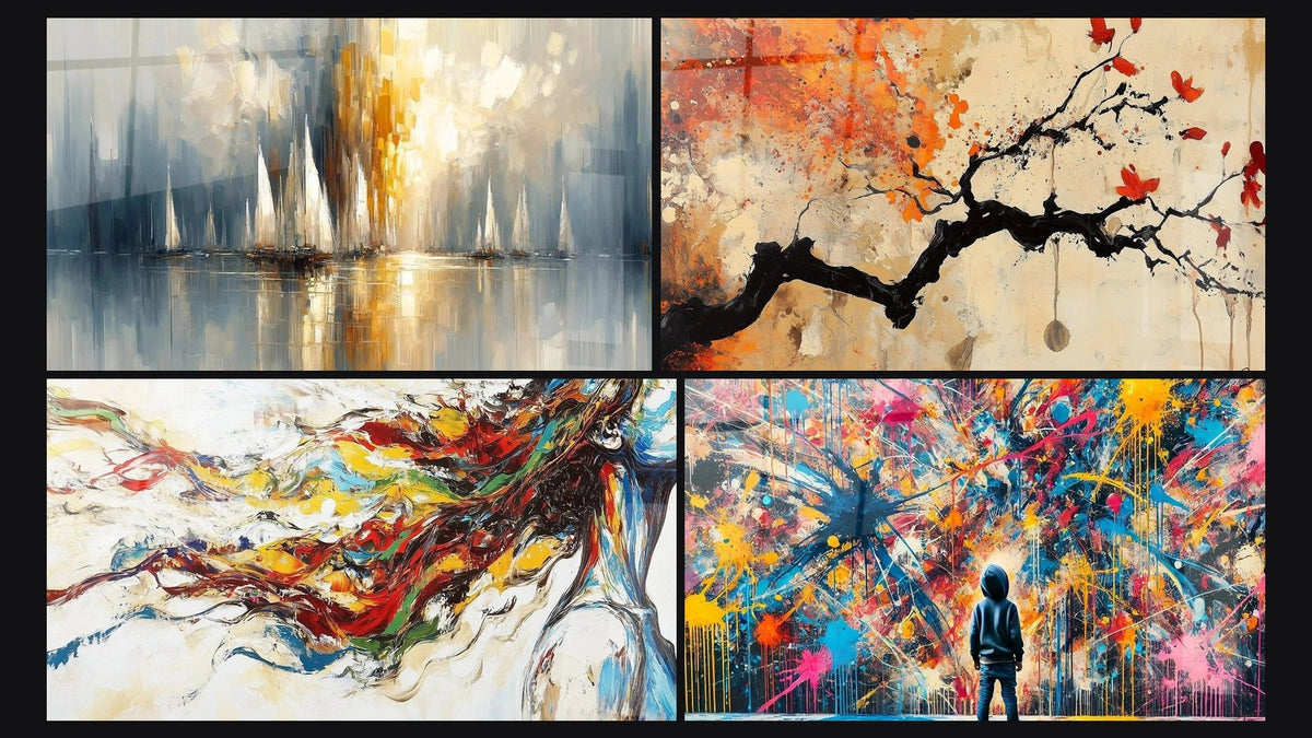 Mosaic of four paintings, including Dawn Over the Bay, Terracotta Wall Art No.4 and Modern Muse
