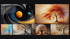 Mosaico de seis cuadros, entre ellos Galaxia Espiral Cósmica, Niño contemplando espiral cósmica y Aliento de la Tierra