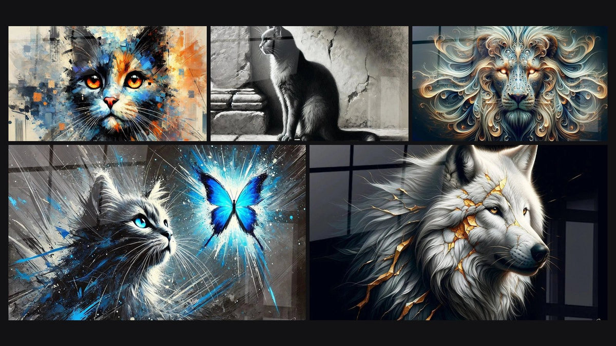 Mosaik aus fünf Gemälden, darunter Fauve der Träume, Solitäre Felinentafel und Magie eines Augenblicks