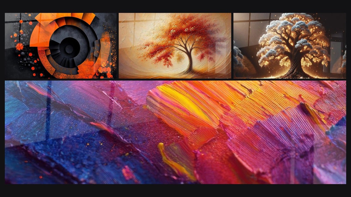 Mozaïek van vier schilderijen, waaronder Dynamische oranje spiraalafbeelding, Abstract kleurrijk en Dans van de Seizoenen
