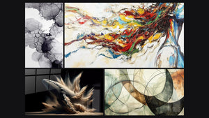 Mosaïque de quatre tableaux, dont Encre abstraite, La baleine d'Elise et Muse Moderne