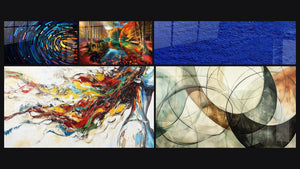 Mosaico de cinco cuadros, entre ellos Túnel colorido digital, Serenata de Tonos Otoñales y Textura azul abstracto