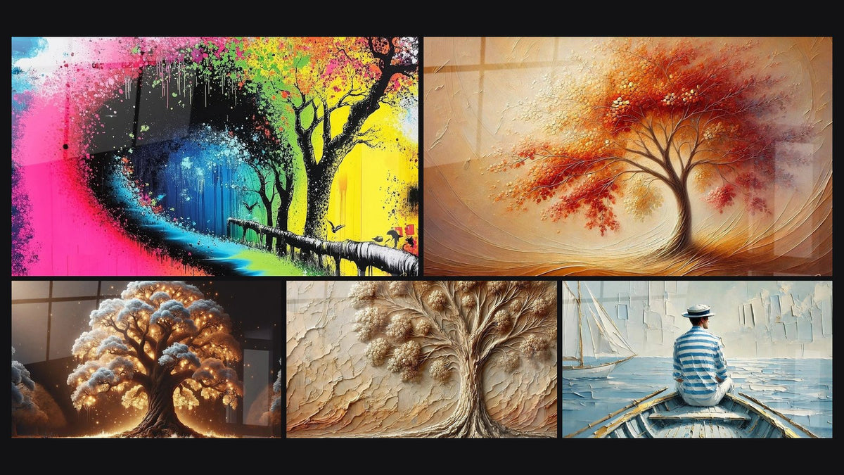 Mosaïque de cinq tableaux, dont Arbre coloré explosion, Danse des Saisons et Arbre de Nuit