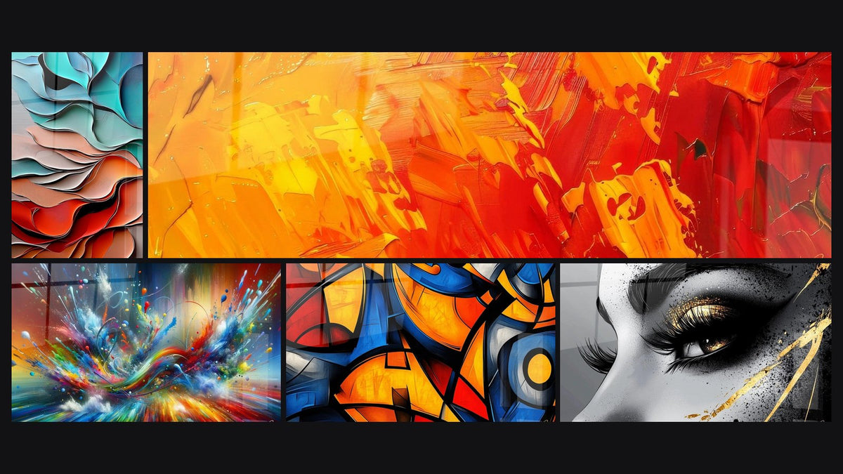 Mosaïque de cinq tableaux, dont Formes ondulantes fluides, Abstrait flammes colorées et Big Bang Artistique Éclatant
