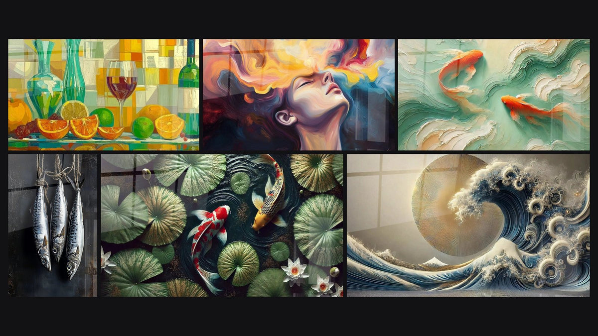 Mosaico de seis cuadros, entre ellos Festín de Colores, Resplandor del Alma y Pez N°3