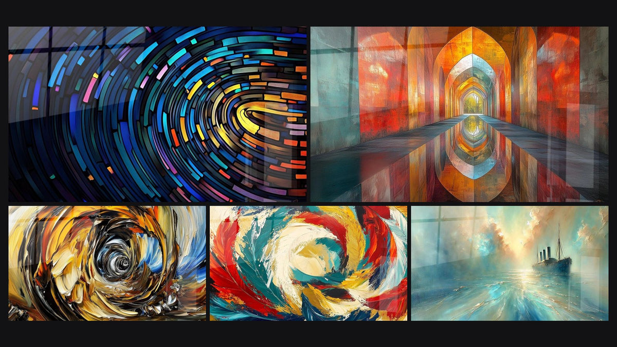 Mosaic of five paintings, including Digital Colored Tunnel, Energetic whirlwind and Arched Iridescent Vermillion