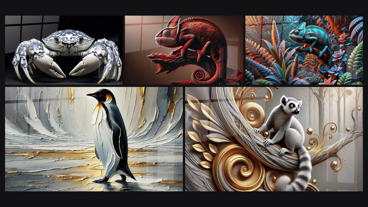 Mosaïque de cinq tableaux, dont Crabe N°1, Gardien Écarlate et L'Art de la Discrétion