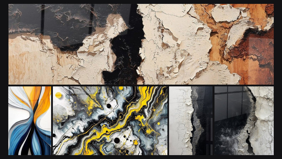 Mosaico di cinque quadri, tra cui Flux dinamici colorati di, Impatto Nero e Texture Crepa Bianco e Nero