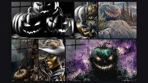 Mosaico de seis cuadros, entre ellos Calabazas Sonrisas Sombrías y Máscara Mirada Embrujada
