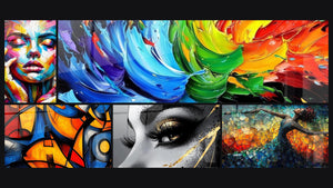 Mosaico de cinco cuadros, entre ellos Resplandor Vintage, Explosión de colores y Formas geométricas coloridas