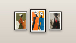 Gallery wall with three framed paintings, including Felt Black and Red Tie Bleed and Elegant Silhouettes in Orange and Blue
