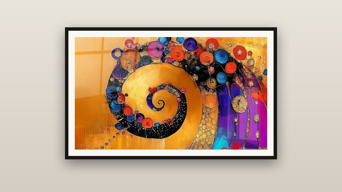 Framed painting on a wall: Colorful Golden Spiral
