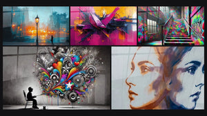 Mosaic of five paintings, including Street Lamp Solitary, Fuchsia Explosion and Street Art Wall Art N°5