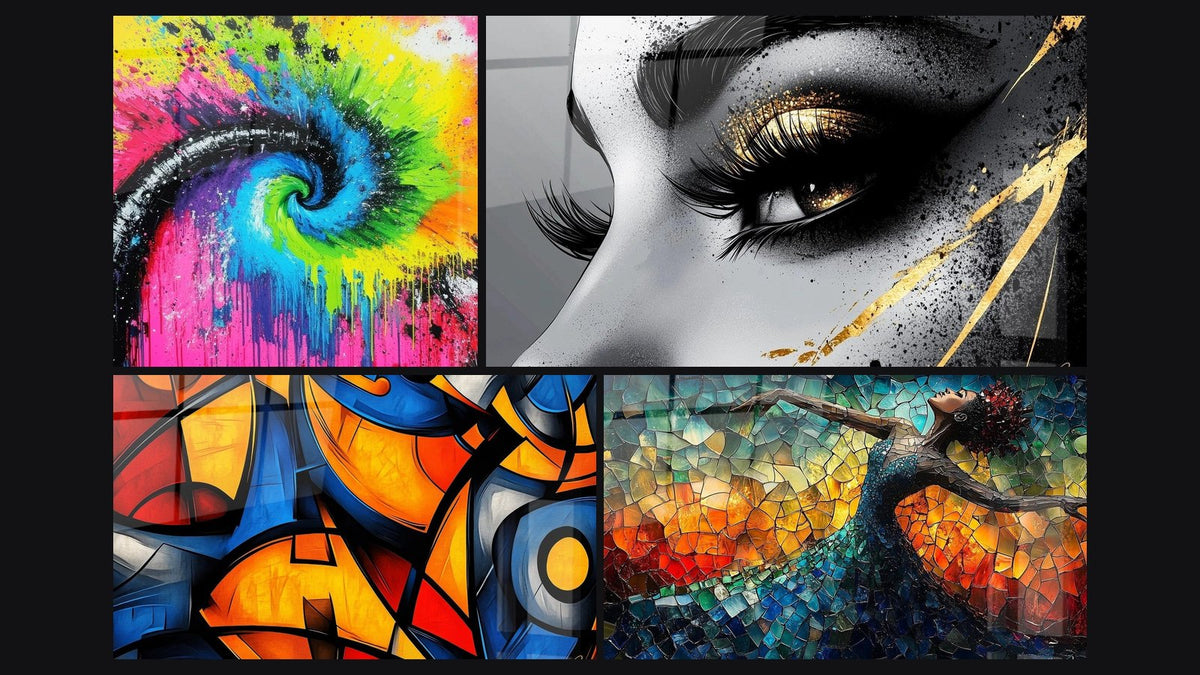Mosaic of four paintings, including Colorful spiral explosion, Colored geometric shapes and Golden Tear Eye