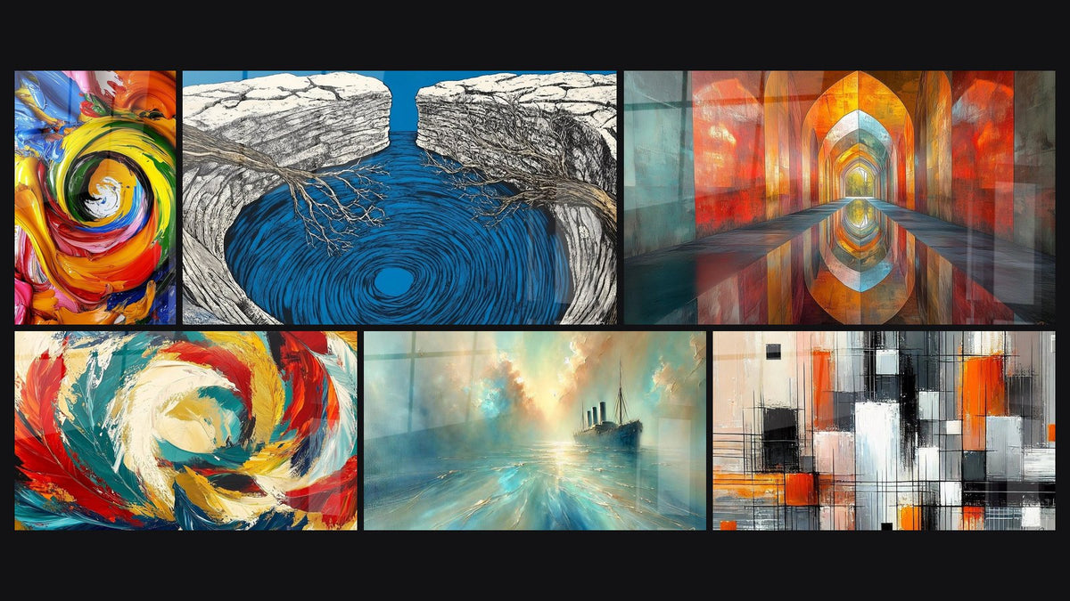 Mosaïque de six tableaux, dont Spirale multicolore, Trou d'eau rocheux et Voûtes Chatoyantes Vermillon