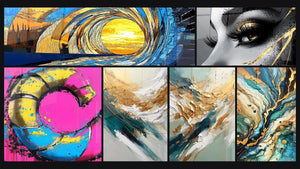 Mosaico de seis cuadros, entre ellos Ola oceánica espiral, Espiral multicolor y Crepúsculo de Elementos