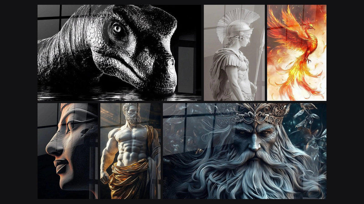 Mosaico de seis cuadros, entre ellos Dinosaurio Terópodo, Athena Nº1 y Esfinge N°2