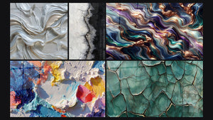 Mosaico de cinco cuadros, entre ellos Serenata Mineral y Tierra Fracturada