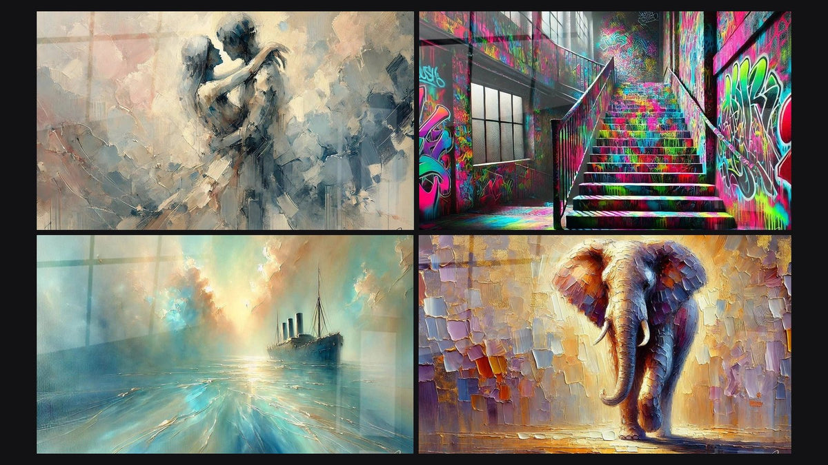 Mosaic of four paintings, including Between Us, Heart of the Breeze and Street Art Wall Art N°5