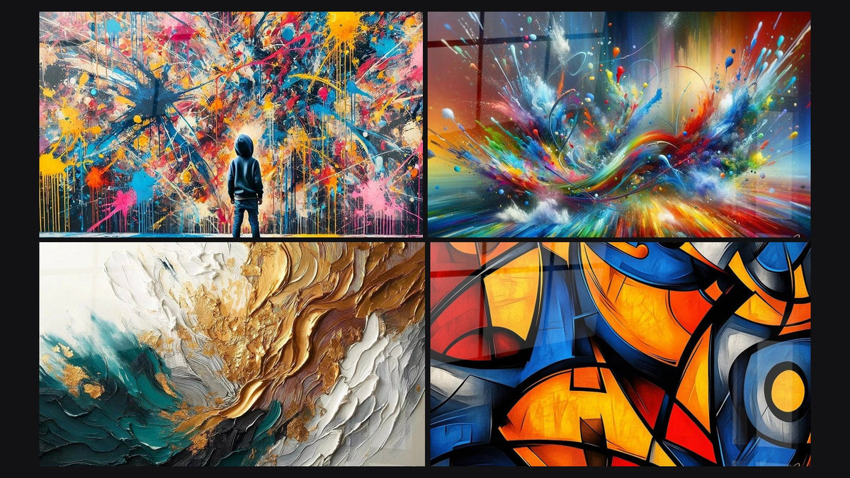 Mosaic of four paintings, including Paint Bursts, Trace Artwork in Gold and Jade and Big Bang Artistic Dazzling