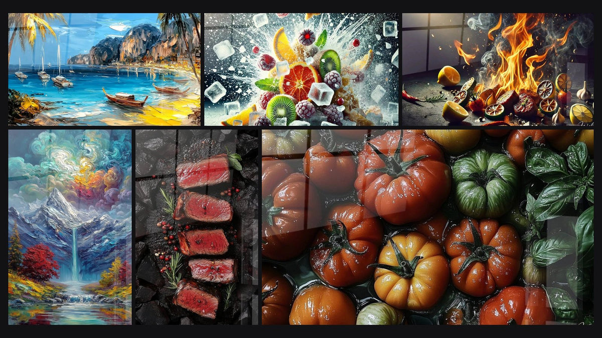 Mosaico di sei quadri, tra cui Baia Tropicale con Velieri, Cocktail Glaciale e Aromi Infiammati