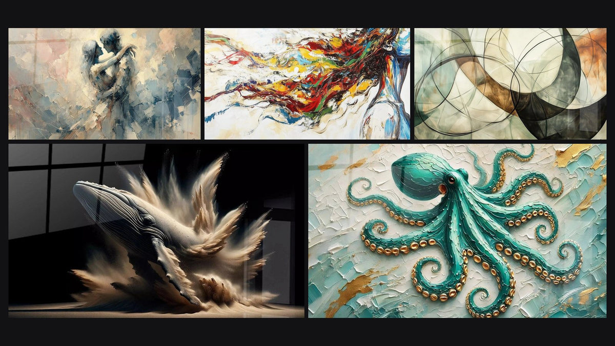 Mosaic of five paintings, including Between Us, Elise's Whale and Modern Muse