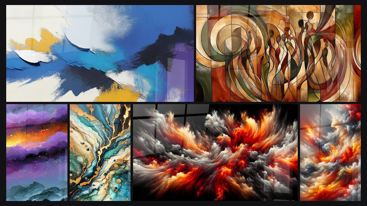 Mosaico de seis cuadros, entre ellos Abstracto colorido, Laberinto Mineral y Danza de Siluetas