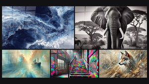 Mosaïque de cinq tableaux, dont Nuances bleues et veines dorées fluides, Force Silencieuse et Au Cœur de la Brise