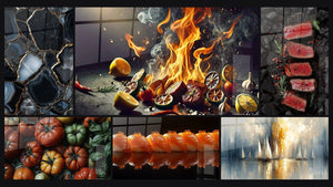Mosaïque de six tableaux, dont Arômes Enflammés, Viande N°1 et Tomate N°1