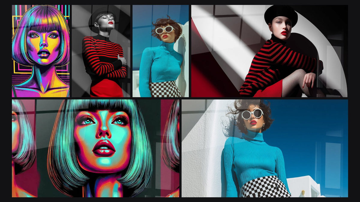 Mosaico de seis cuadros, entre ellos Glam Retro, Luminosidad Moderna y Sombrero negro y falda roja ojos cerrados